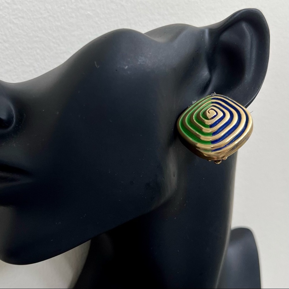Vintage Funky 70s 80s Art Deco Two-tone Enamel Gold Spiral Clip Earrings - Picture 9 of 11